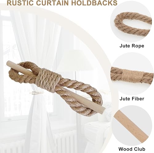 Miniatura 2 de HIASTRA Alzapaños de cortina bohemios, 4 piezas, soporte rústico para cortina, cuerda de yute de algodón natural con palo de madera, alzapaños de