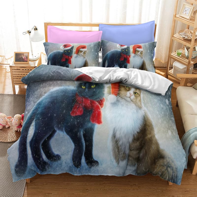 Housse de couette chat de Noël 90x190 anti-plis en microfibre pour enfant