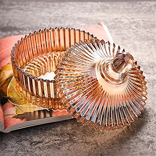 Flymurow 4 Colors Old Glass Candy Dish With Lid – Transparent Storage Jar –Clear Covered Box For Food Storage And Organization Kitchen , Office , Home Decoration– Set Of 1(Diameter: 5 Inch 6Inch) 11 Ounce (Gold, Small) #TOP2