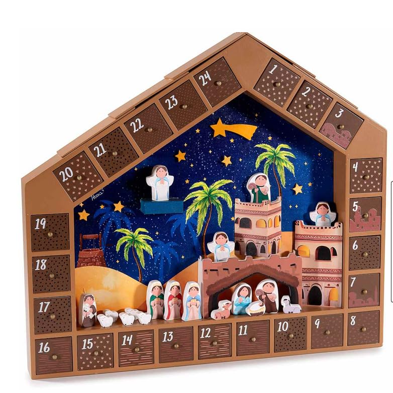 Gruppo Maruccia - Calendario Dell’Avvento Presepe - In Legno Decorato - Con Statuine Componibili e Cassettini - Decorazione Natalizia da Appoggiare