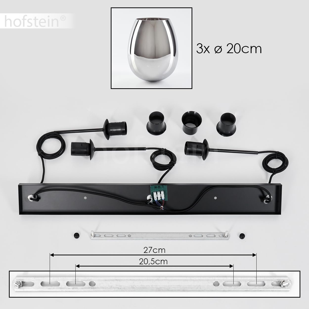 Pendelleuchte Vevino, Pendellampe aus Metall/Glas in Schwarz/Chromfarben, Leuchte im modernen Retro/Vintage-Design mit Schirmen aus Glas (Ø 20 cm), Höhe max. 132 cm, 3 x E27, ohne Leuchtmittel