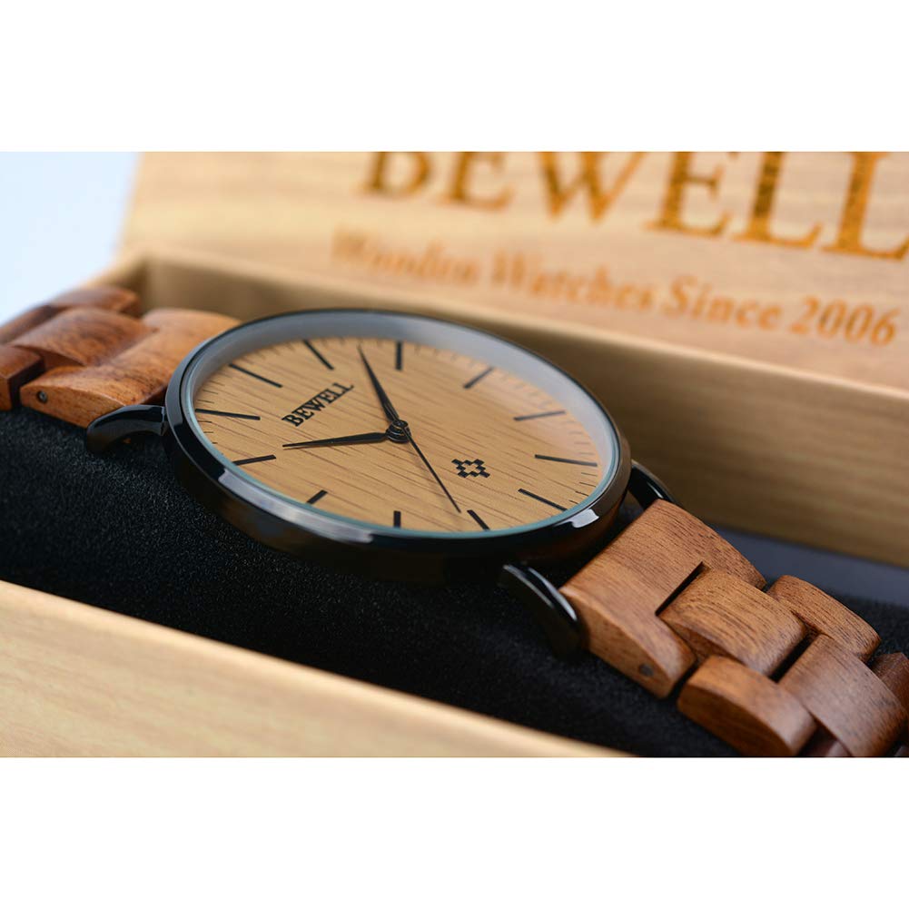BEWELL, orologio da polso in legno per uomo/donna, sottile, analogico, al quarzo, minimalista, W163A Men-Brown