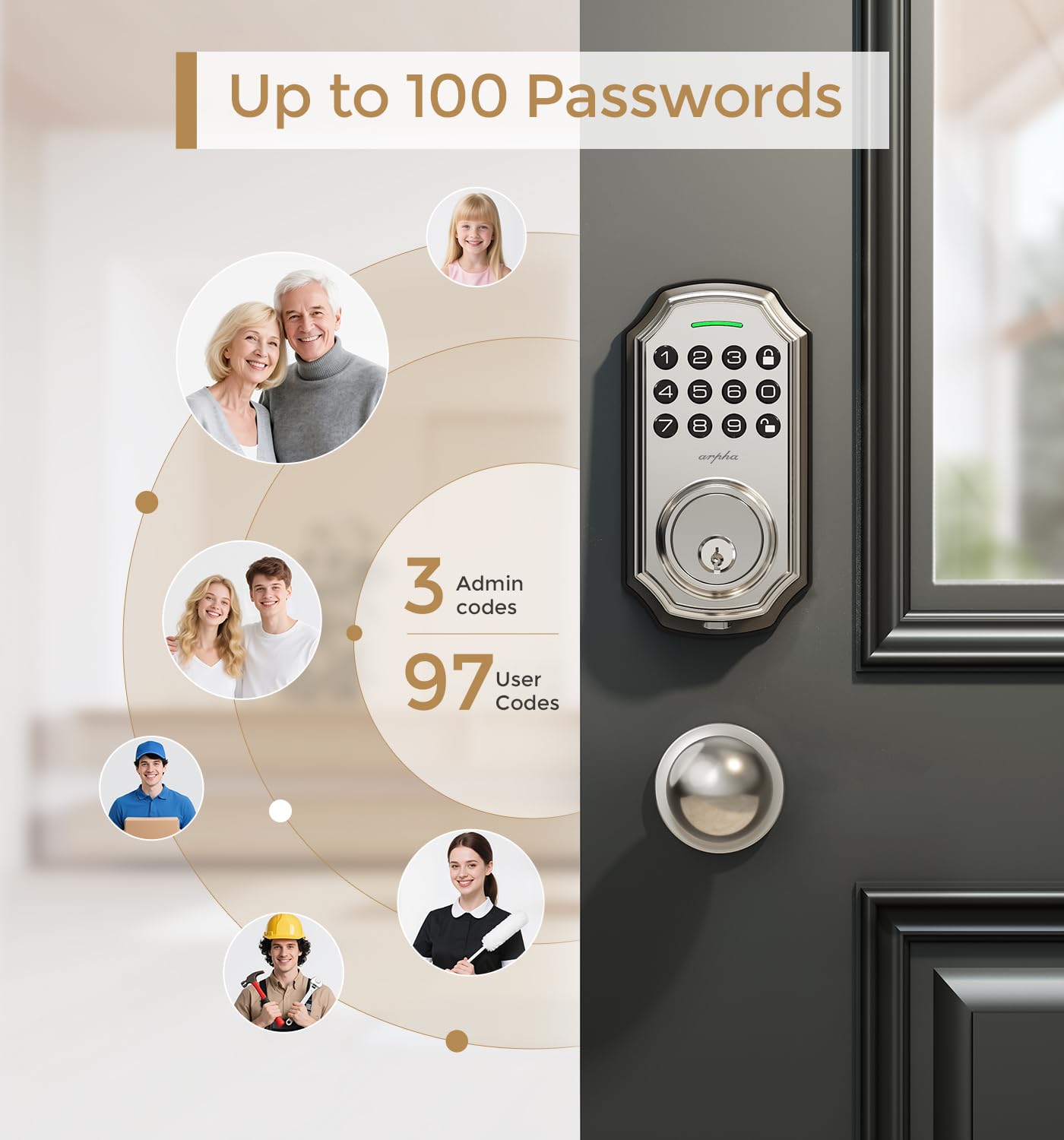ARPHA Keyless Entry Door Lock with 2 Door Knobs - App Control Electronic Keypad Deadbolt Smart Lock - 100 Code Keypad Door Lock with Handle - Front Door Lock Set - One Time Code - Auto Lock（Nickel）