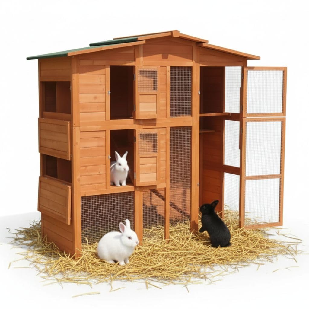 Mucola Hasenstall mit Freilaufgehege 171x80x166 cm Kleintiergehege Holz inklusive 2 Rampen Kleintierhaus Hühnerstall 2 Nestboxen (4 Nistplätze) Hühnervoliere