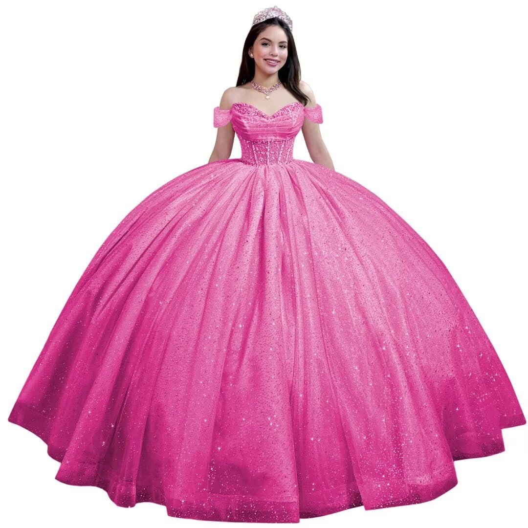 Youjiayi Glitter Tulle Quinceanera Dresses with Train Off Shoulder Beaded Sweet 16 Dresses Pleated Long Ball Gown for Women