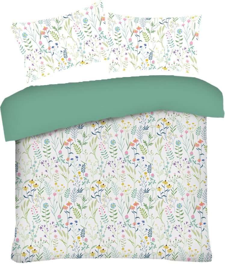 Lions Double Bed Bedding Sets - 100% Polyester Reversible Printed Pattern Quilt Duvet Cover with Pillowcase, Soft Leaf Floral Shapes Pattern, Bed Linen, Cream Green