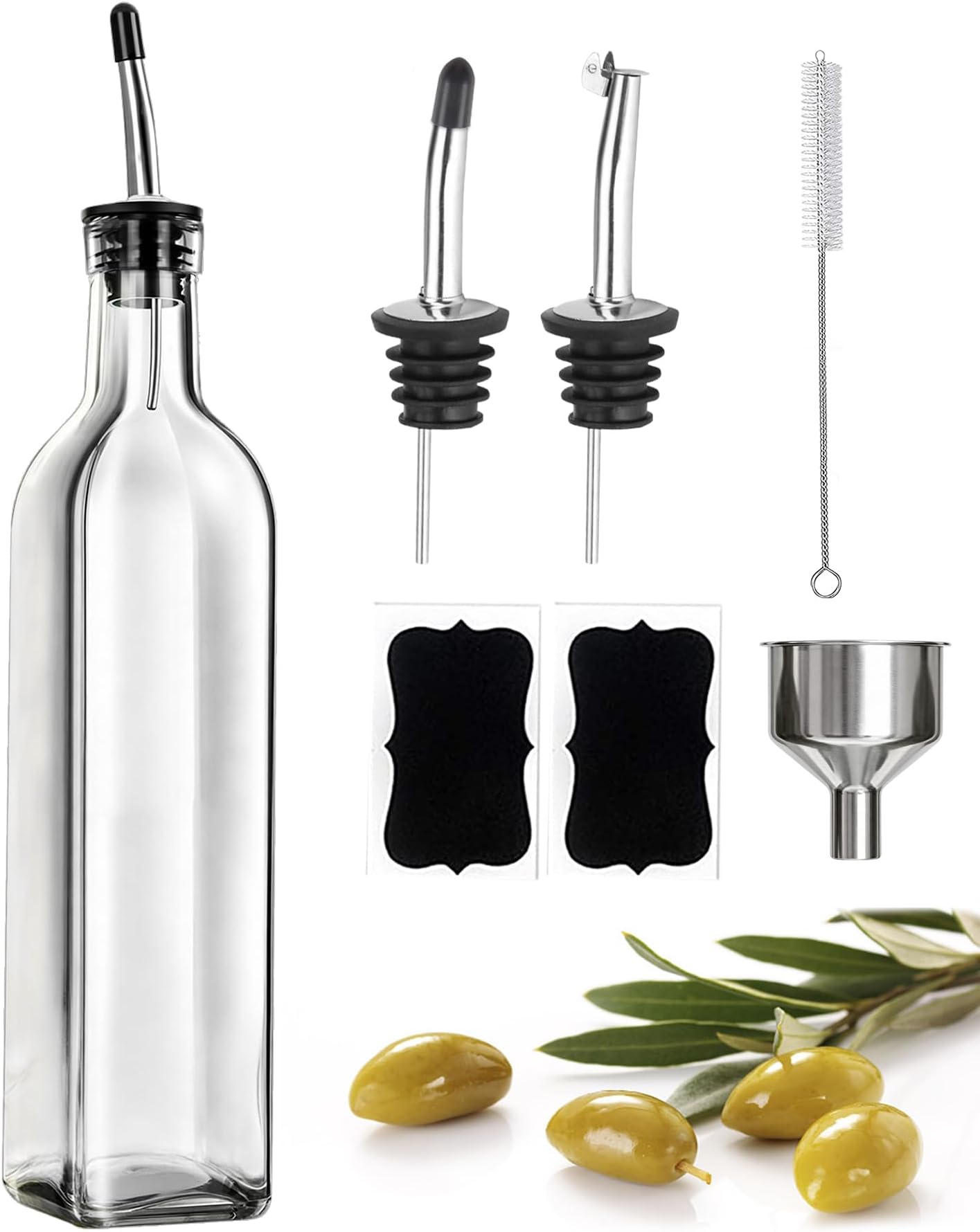 Leaflai Olive Oil Dispenser Bottle, 1 Pcs Glass Olive Oil Dispenser and Vinegar Dispenser Set with 2 Stainless Steel Pourers, 2 Labels,1 Brush and 1 Funnel Oil Bottles for Kitchen (500ml)