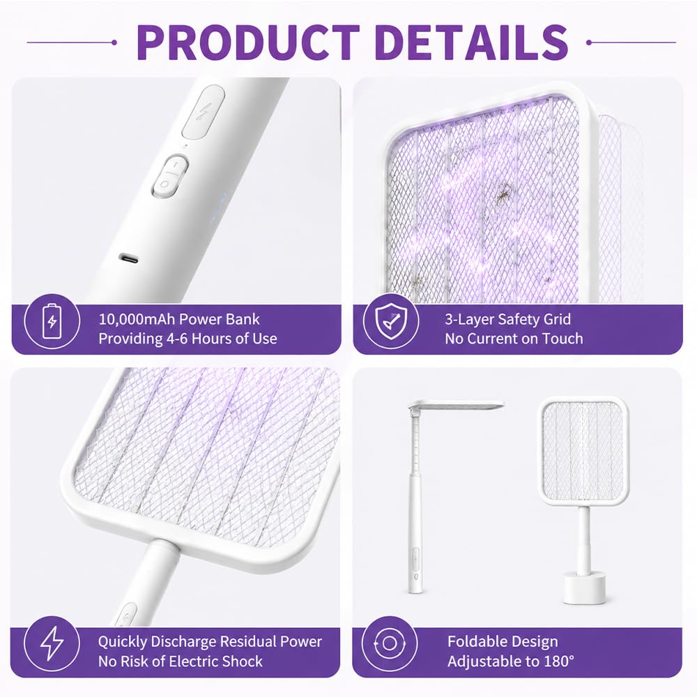 Elektrische Fliegenklatsche, SGZIOO Faltbar Fliegenklatsche Elektrisch mit Teleskopverlängerung und Sockel, Electric Fly Swatter mit UV Mückenfalle, 1200 mAh Wiederaufladbar, für Drinnen und Draußen
