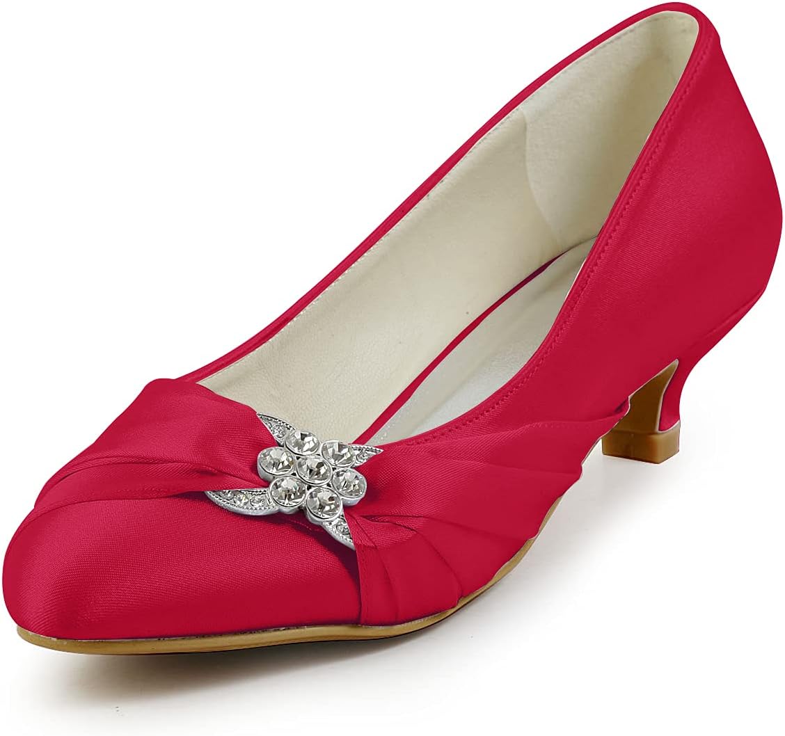 JIAJIA 0112A Women's Bridal Shoes Closed Toe Low Heel Comfort Satin Pumps Crystal Wedding Shoes Color Red,Size 5.5 B(M) US/36 EU