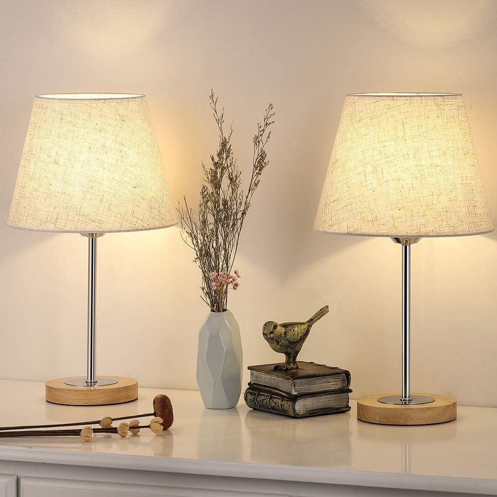 Nightstand Table Lamp for Bedroom, Small Wood Desk Lamps Set of 2, Modern Bedside Lamp with Linen Shade for Dressers, Coffee Table, Nursery, Bookcase, Sliver