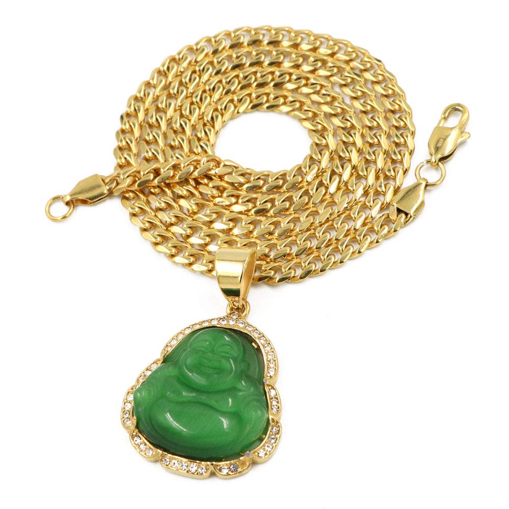 Stainless Steel Gold Iced Smiling Chubby Buddha (Green Jade) Pendant w/Cuban Chain