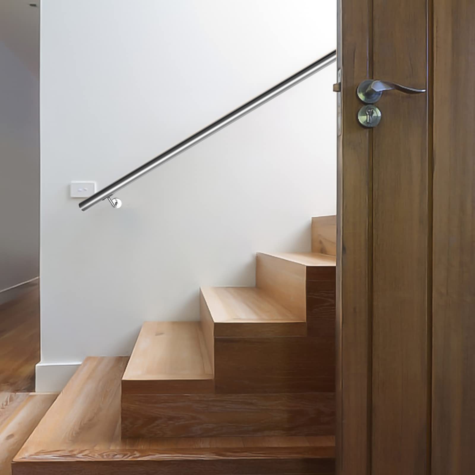 Corrimano in acciaio inox, Corrimano da parete per interni ed esterni, Con Supporto da parete e tappi terminali, Rotondo Ø 42 mm, supporto da parete per scale, lunghezza 150 cm