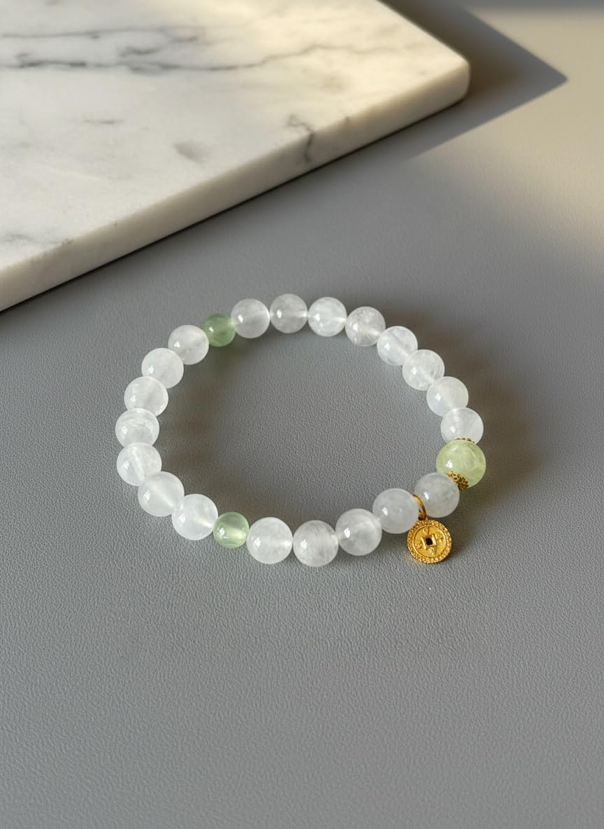 Natural Crystal Beaded Bracelet with Rose Quartz, Green Jade Accents, Gold Chinese Coin Charm, Elastic Stretch Design