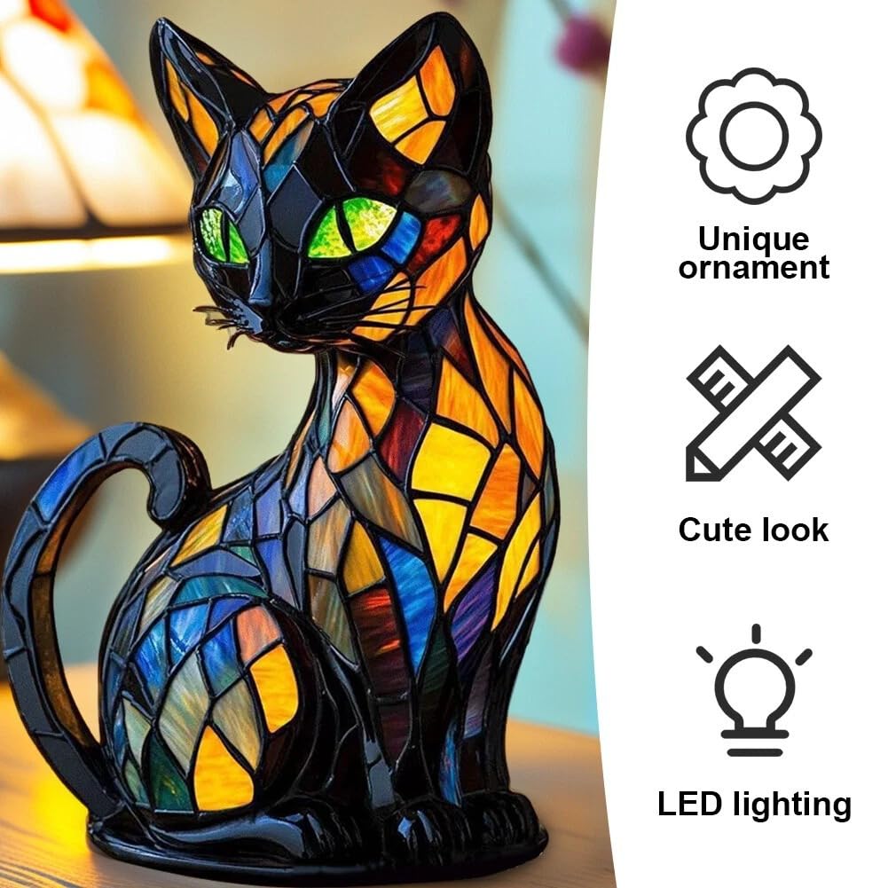lampe chat vitrail,lampe en forme de chat,cat lamp mosaic,lampe de table en vitrail représentant un chat,katzenlampe mosaik,lampe à vitrail d'animaux,lampe chat led,lampe de table animale-A