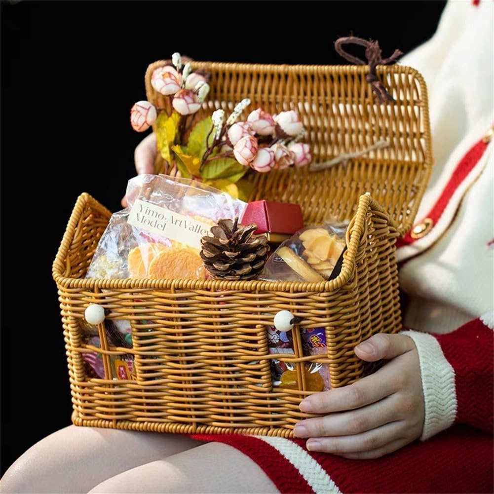 Cesto in Rattan A Forma di Casa con Coperchio e Manico Pieghevole per PIC-Nic, Pasqua, Organizzazione, e Conservazione