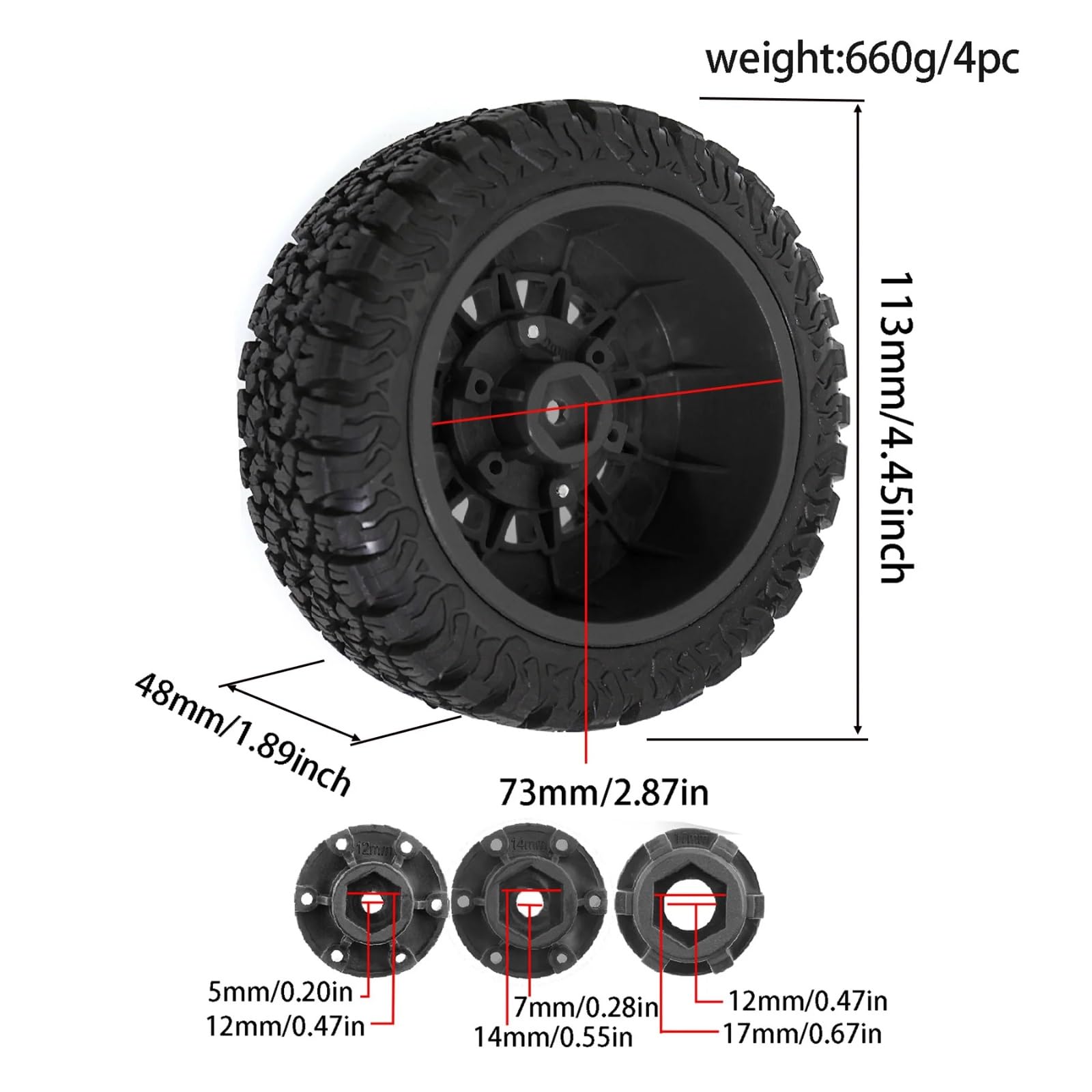 RC Coches Juguetes para HSP para Racing PTG-2 para Tamiya para Slash para Arrma Senton para Vkar 1/8-1/10 RC Piezas Coche Ruedas Cortas Camión Neumáticos Goma 113mm Hex(Black)