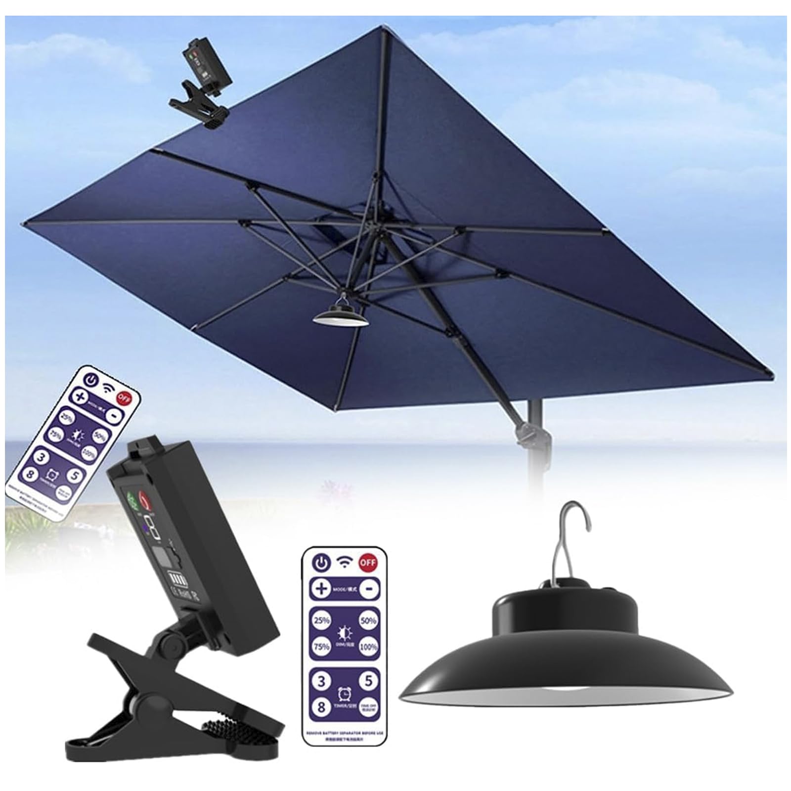 Lumières de Parasol Solaires D'Extérieur avec Télécommande Et Minuterie, Lumières de Parapluie Solaires Etanches pour Patio,Tente De Plage,Camping,Fête De Jardin(sans Tente),Warm Light