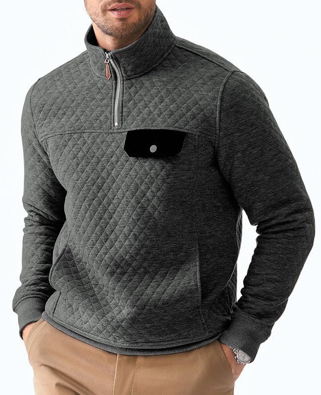 Men's Quarter Zip Pullover Quilted Sweatshirt Casual Mock Neck Geometric Texture Polo Sweater with Pocket4
