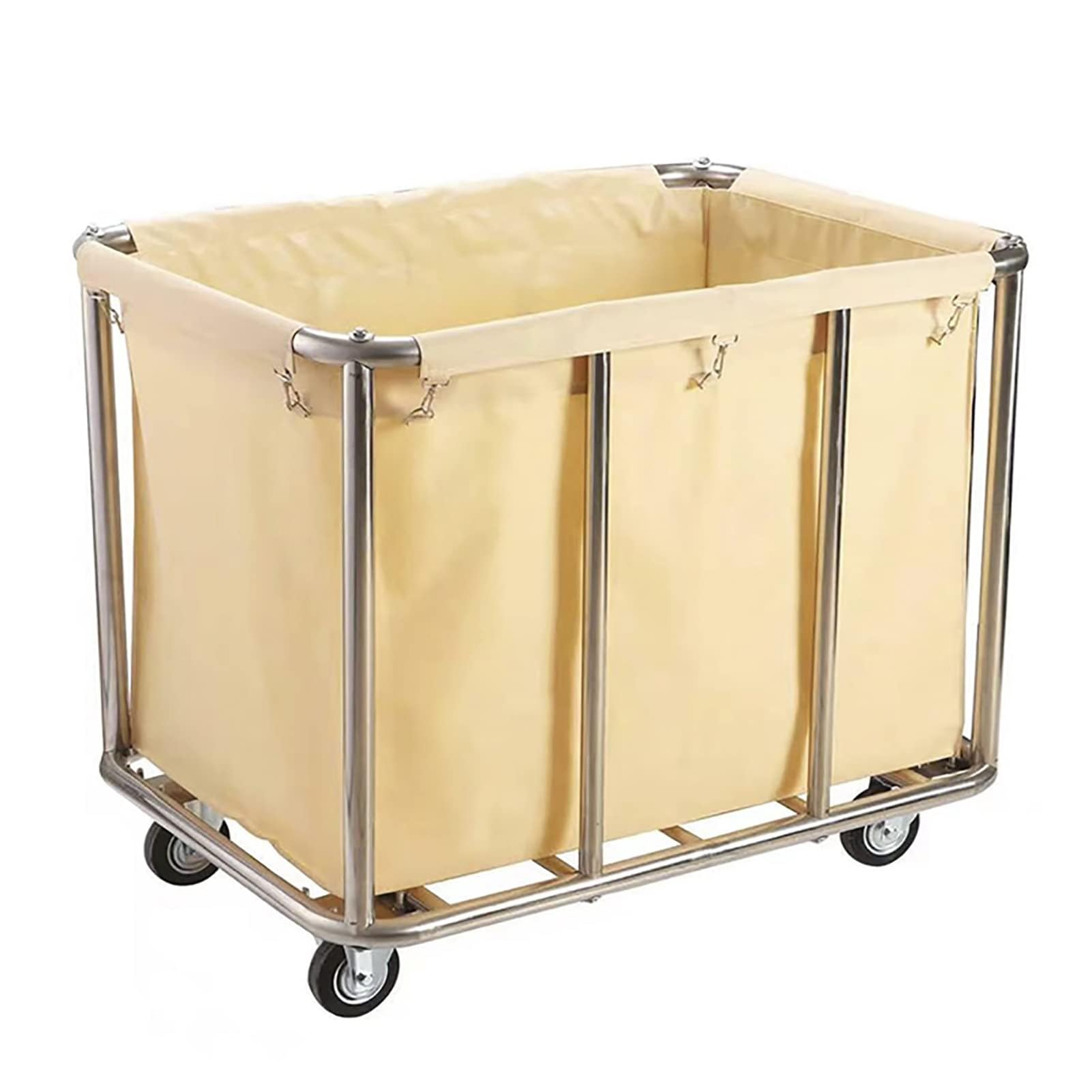 JYBNBBE Heavy Duty Laundry Trolley Cart with Removable Canvas Lining, Stainless Steel Hamper and Wheels for Home or Hotel Housekeeping,Beige-8 tubes