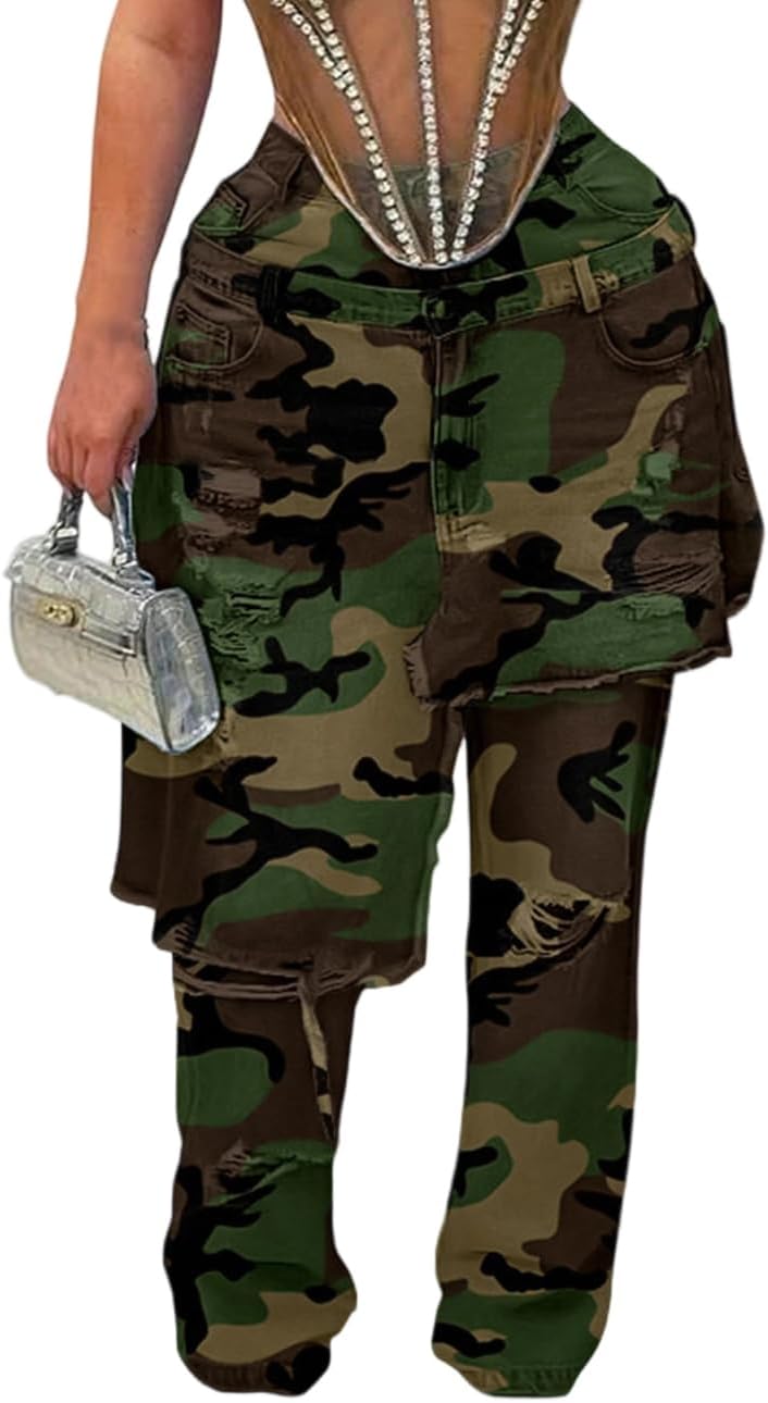 LKOUS Women's Ripped Baggy Jeans High Waist Wide Leg Patchwork Distressed Cutout Stretchy Denim Pants Streetwear Camo Small