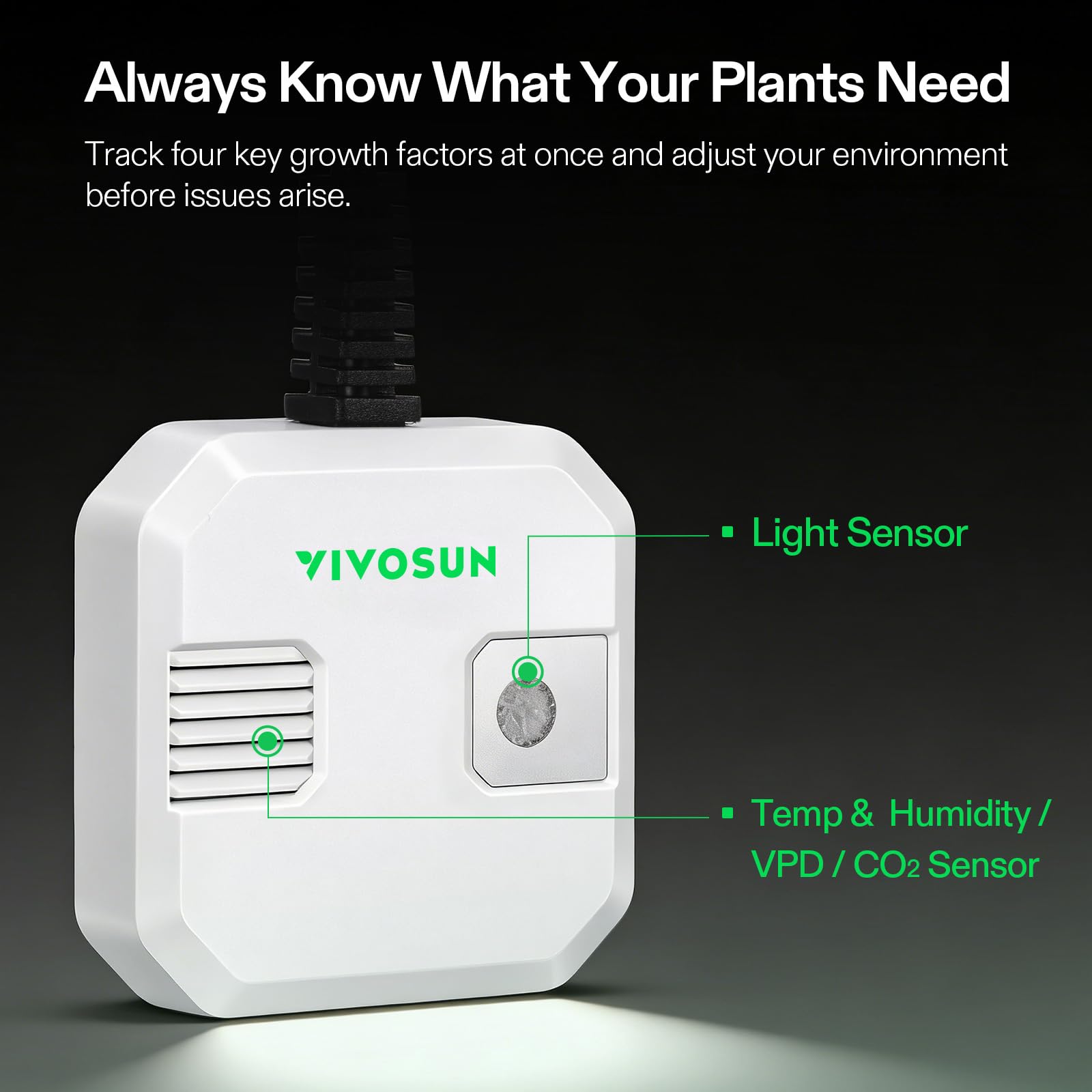 VIVOSUN Sensor 4 en 1 de Temperatura y Humedad con Medición de CO₂ y Luz, Monitorización VPD, Alta Precisión, Compatible con GrowHub E42A+, para Cultivo Indoor y Armarios de Cultivo | Supervisión VPD, alta precisión, compatible con GrowHub E42A+ para carp