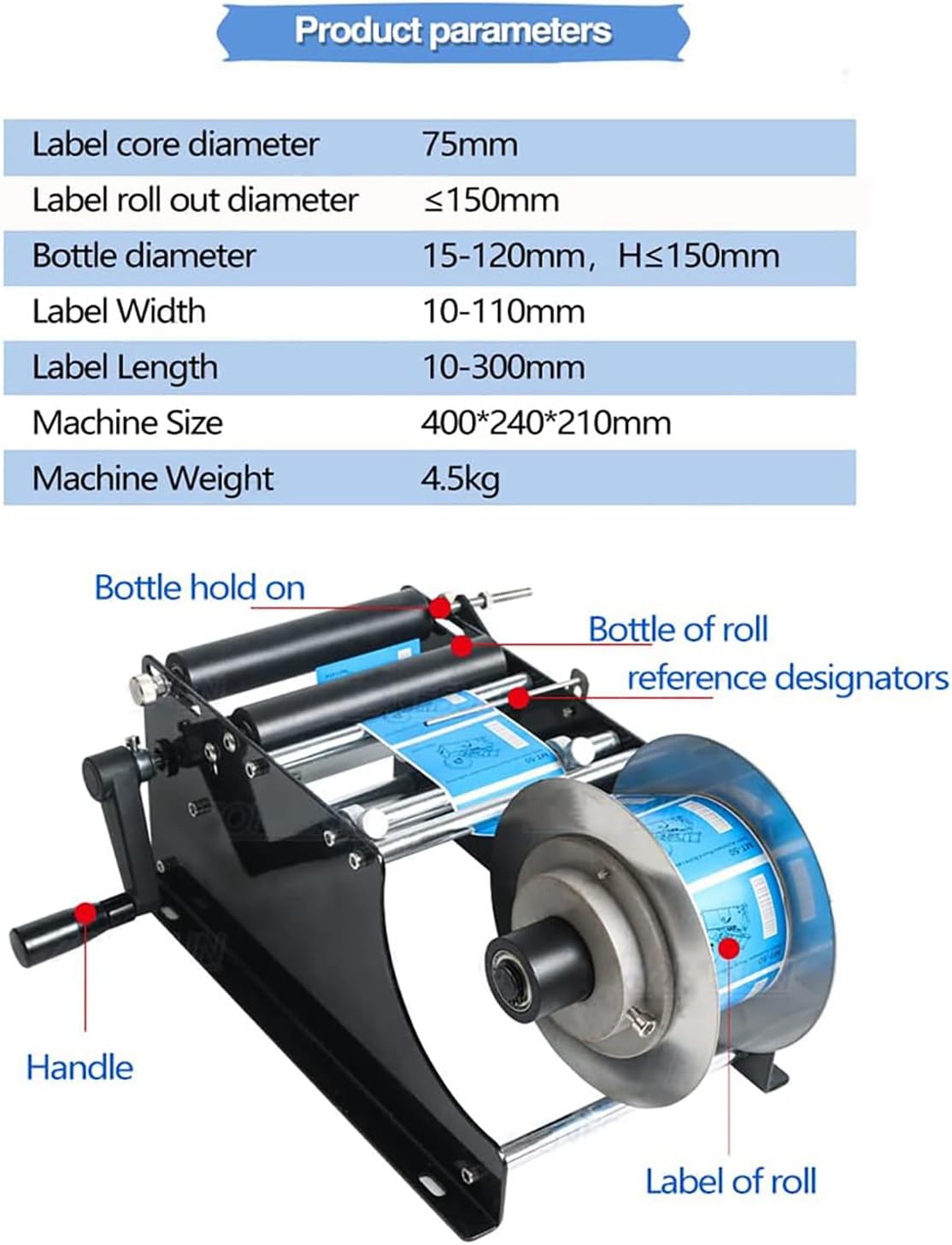 Etichettatrice manuale, applicatore di etichette per bottiglie rotonde diametro 15-120 mm, altezza ≤150 mm, ideale per esigenze di etichettatura domestica e di piccole imprese