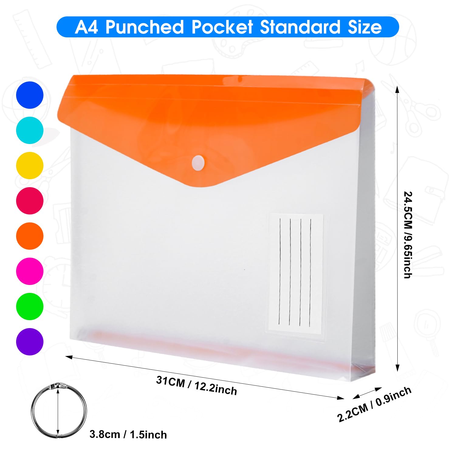 SdreMelo16Pack Punched Pockets A4 Expandable Punched Folders 8 Colors A4 Plastic Wallets Folders 11 Holes Plastic Punched Documents Folder Envelope File Popper Wallets with Lable Pocket Snap Button - Image 2
