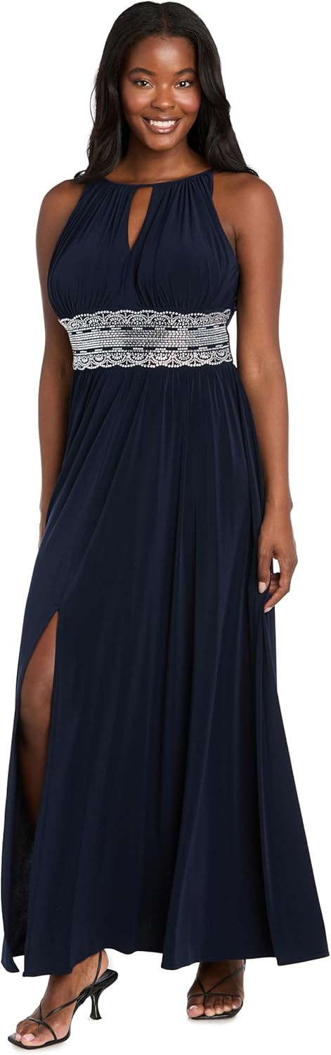 R&M Richards Women's Cutaway Halter Sleeveless Dress W/Embellished Waistband & Front Slit