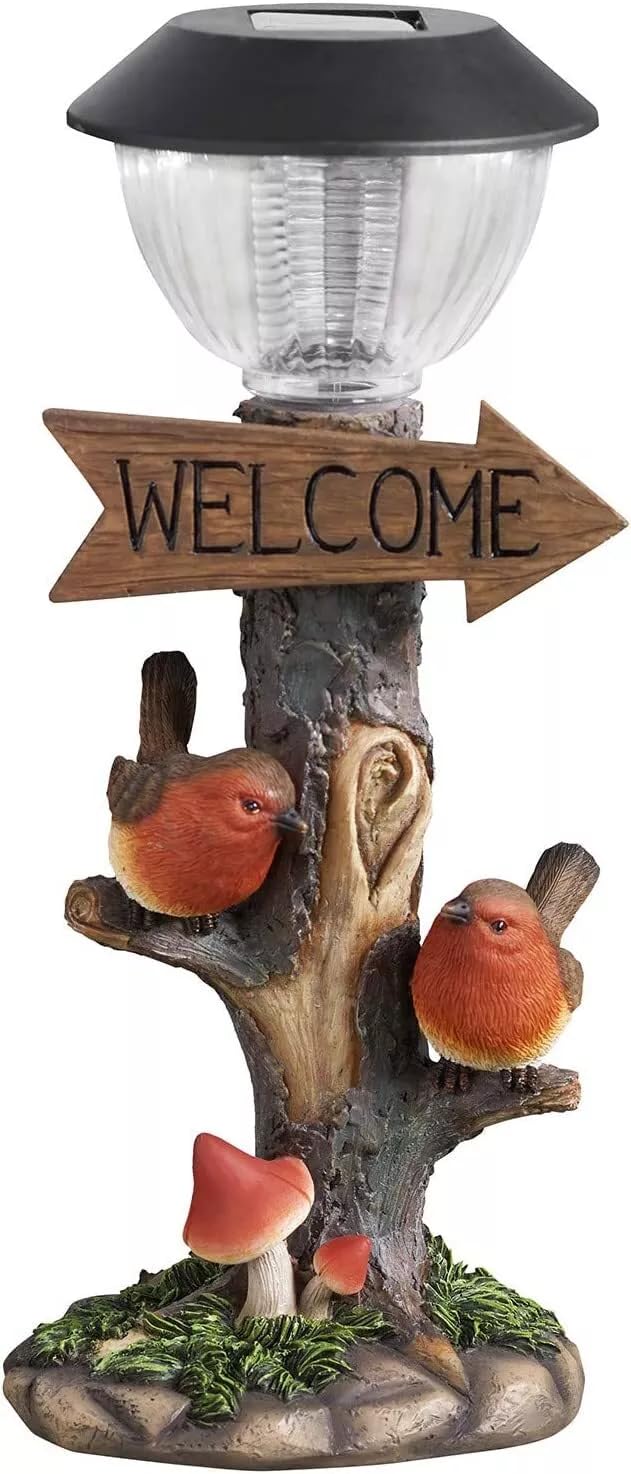 New Solar Power Robin & Lamp Post Garden Ornament – Hand-Painted Resin LED Light | Adorable Decorative Bird Scene with Auto-On Feature, 33cm Woodland Solar Welcome Light M-19