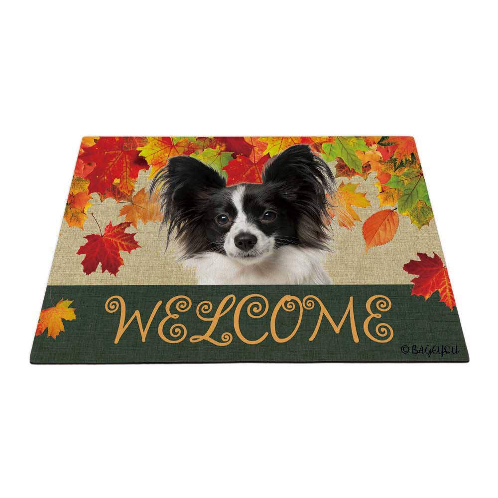BAGEYOU Welcome Fall with My Favorite Dog Papillon Outdoor Doormat Maple Leaf Harvest Season Rustic Decor Porch Rugs Floor Mat 35.4" x 23.6"