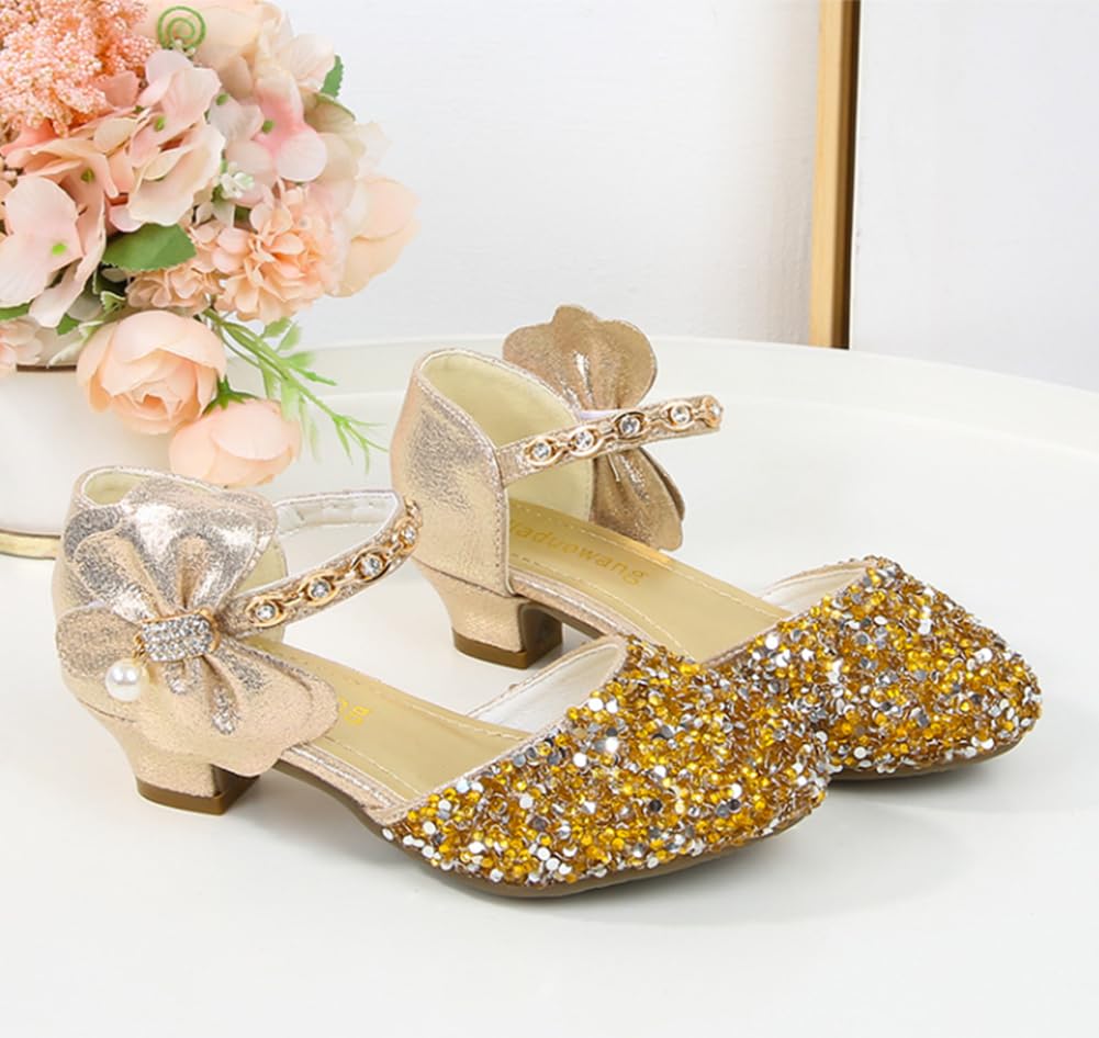 JGKDTX Girls Sparkling Mary Jane Dress Shoes Wedding Party Glitter Low Heel Princess Flower Shoe (Gold, Big_Kid, Numeric_2, Numeric, us_Footwear_Size_System, Medium)