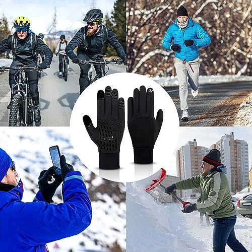 UPhitnis Dünne Fahrradhandschuhe Herren Winter - Thermo Fahrrad Handschuhe Touchscreen für Mann Damen Anti-Rutsch Winddicht - Winterhandschuhe für Radfahren Laufen Fahren Wandern, Schwarz/Größe XL