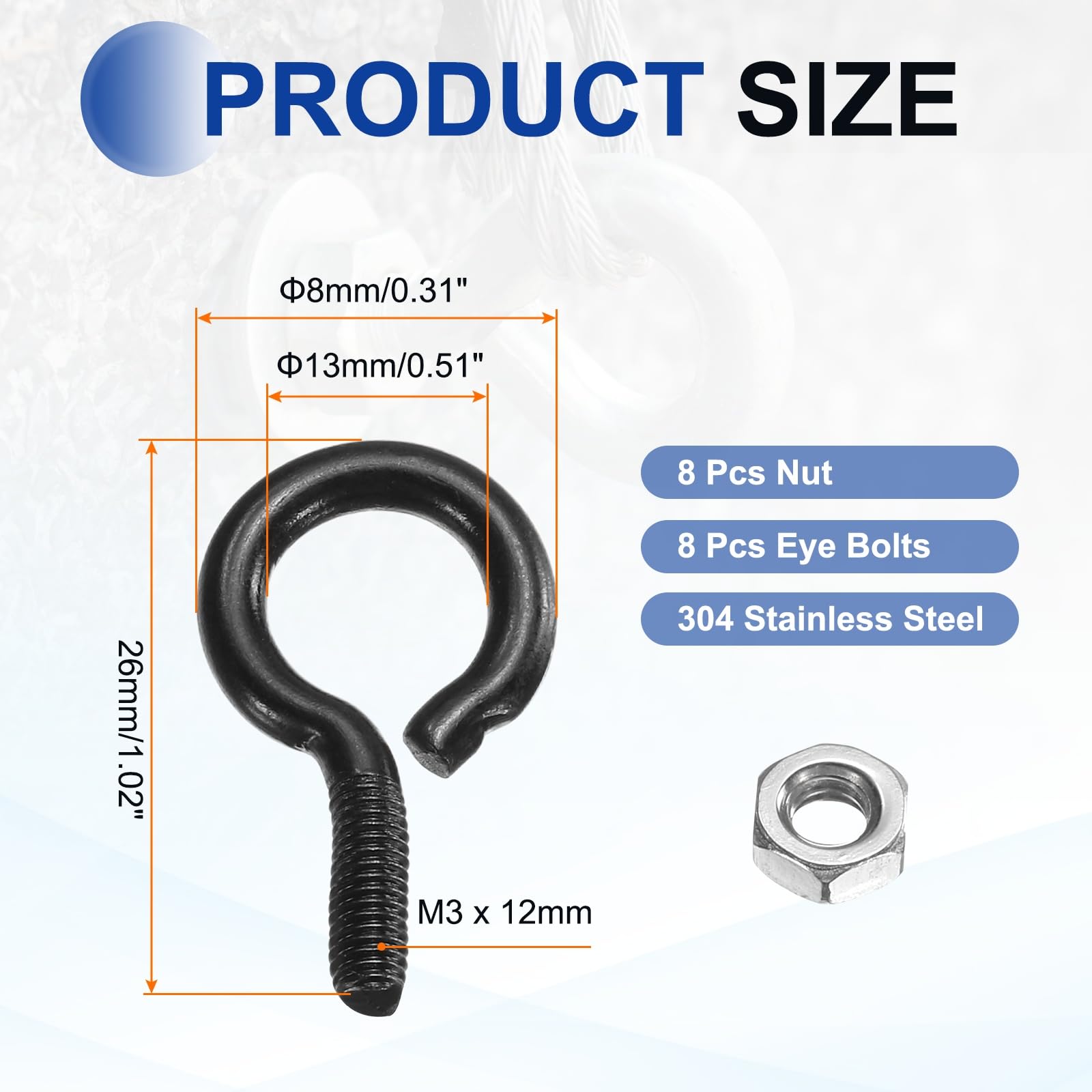 QUARKZMAN 8 Pezzi Anelli Filettati, M3 x 12mm 304 Acciaio Inossidabile Anelli Filettati Neri Con Dado Per Appendere O Fissare Cavi