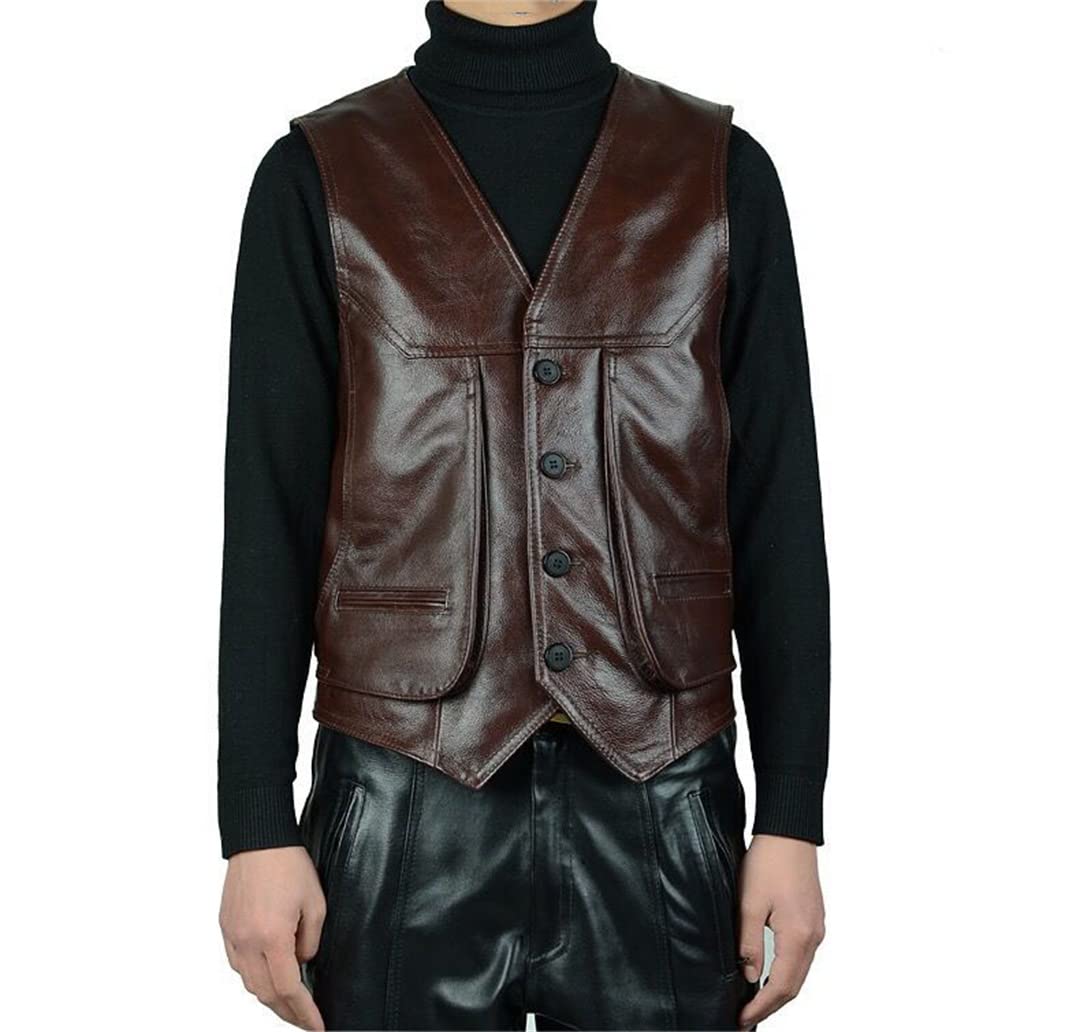 KMMBBTY Gilet da Motociclista in Pelle da Uomo con Tasche con Cerniera Gilet da Motociclista da Uomo con Scollo a V Abbottonato da Uomo