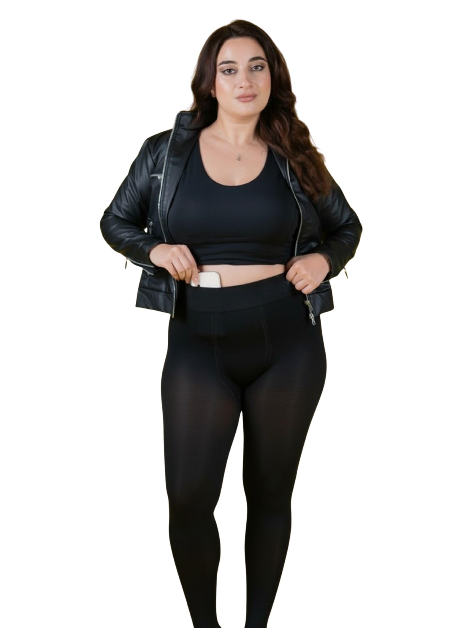 Plus Size with inner pocket stretchable fleece thermal warm footless stockings-image-28