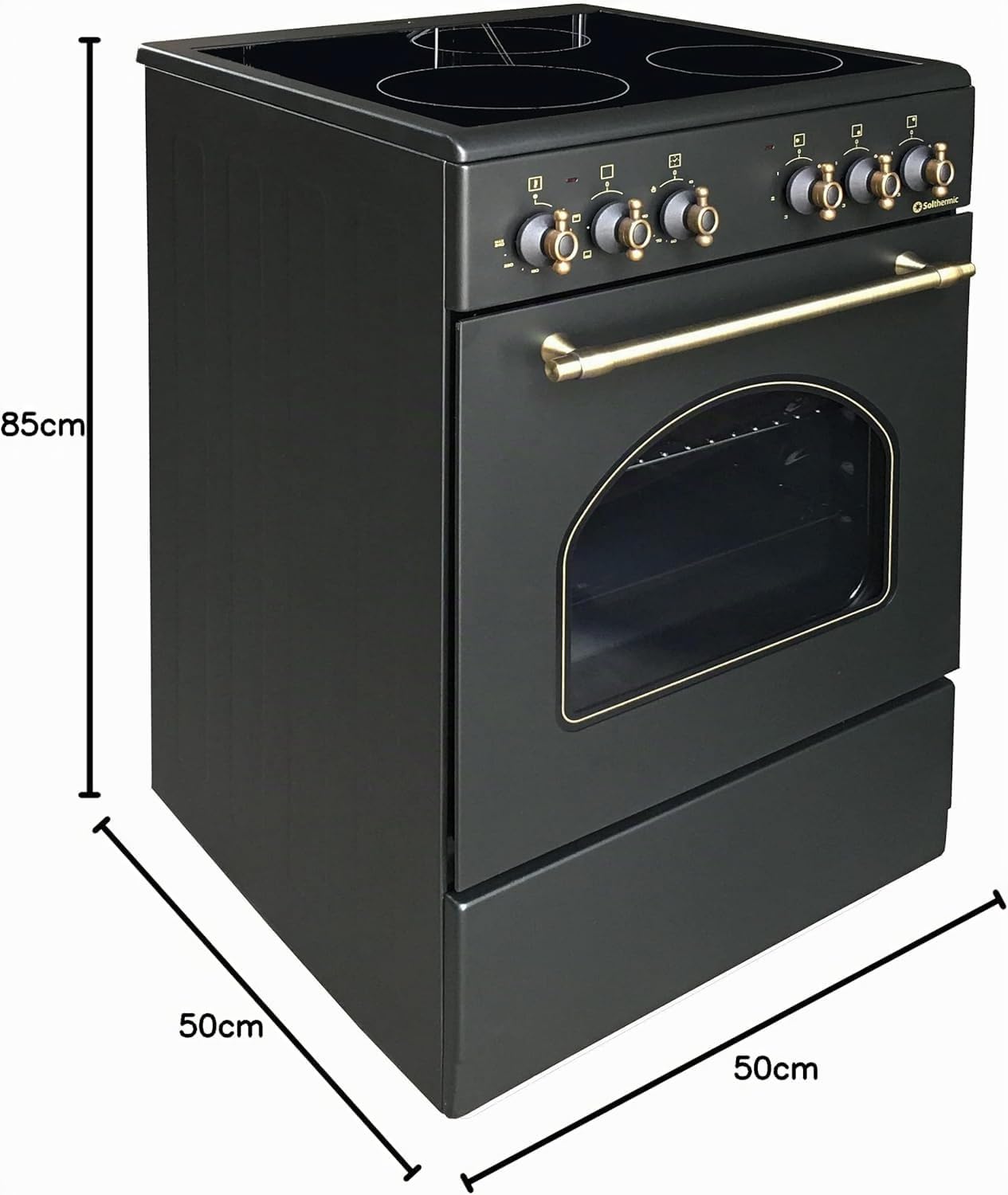 SOLTHERMIC COMBO PACK NEGRO RÚSTICO COCINA VTC con HORNO 50L 50X50 + CAMPANA DE 60 NEGRA SIN RIBETE DORADO (3 fuegos, gran potencia de extración)