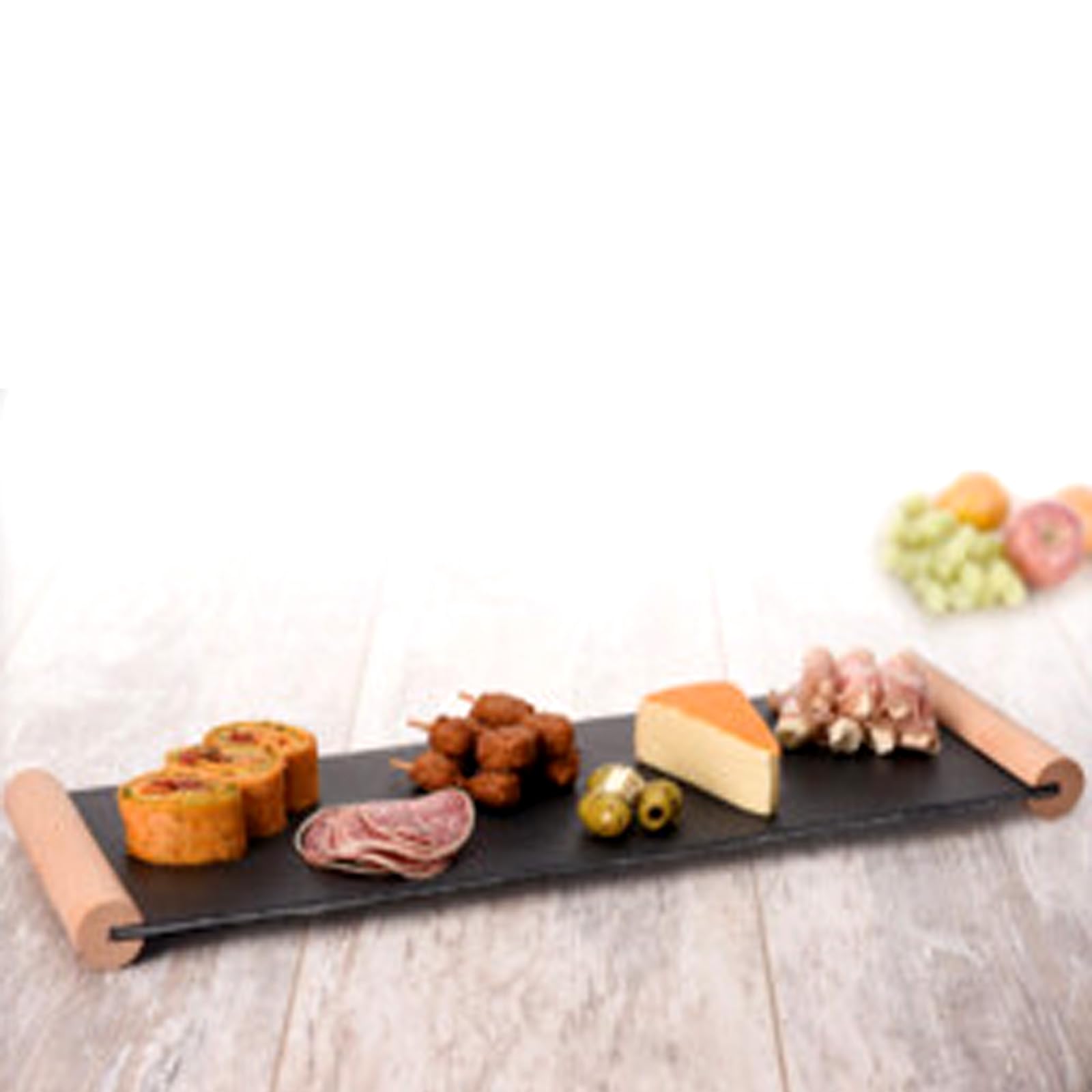 HAC24 4x Servierplatte Schiefer 50 x 15 cm mit Holzgriffen Schieferplatte Käseplatte Wurstplatte Servierteller