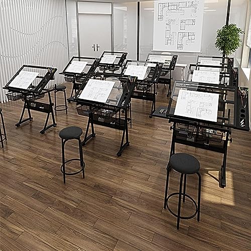 Drafting Tables Height Adjustable Drawing Art Table,Artists Desk Tilting Glass Tabletop Paintings Work Station with Storage Drawer