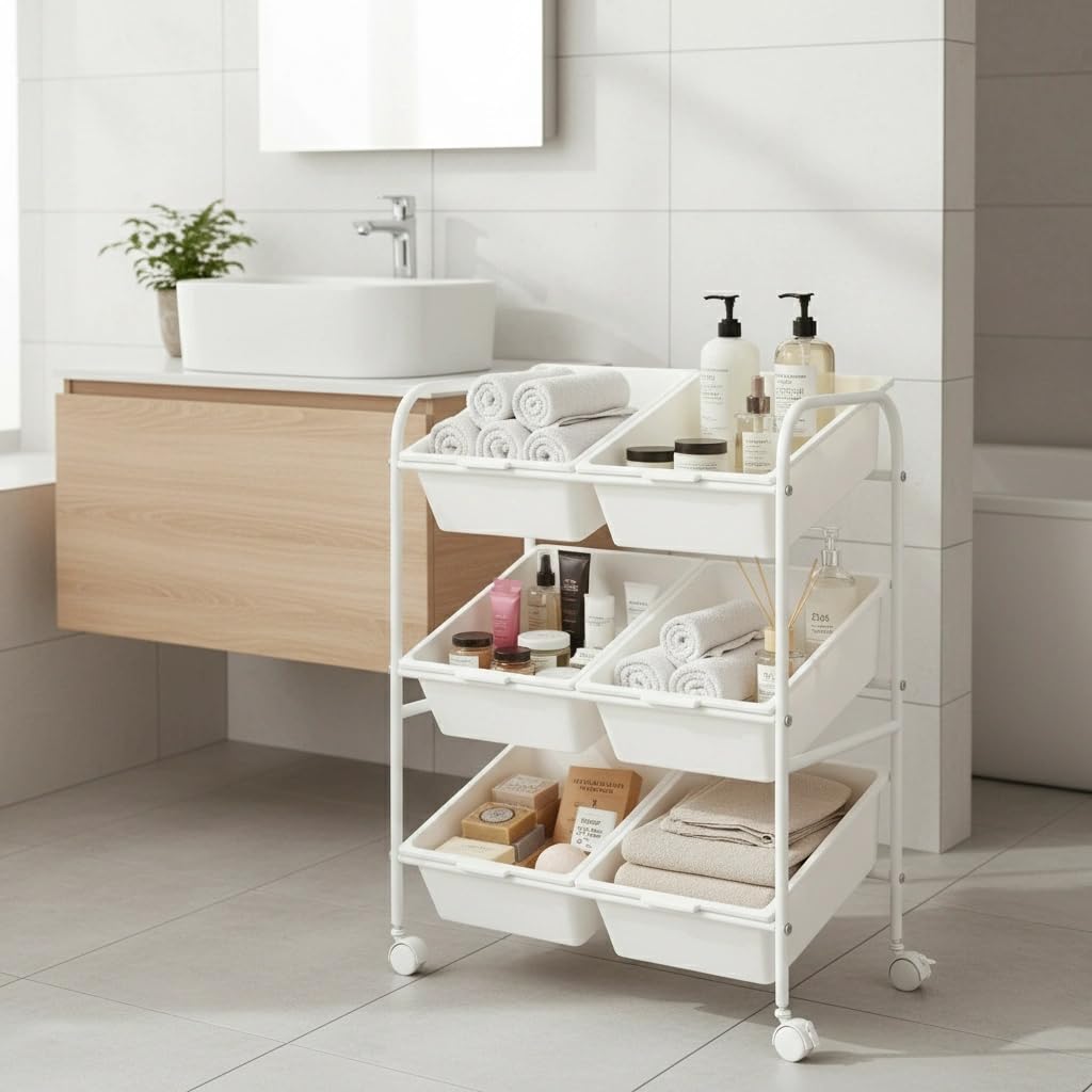 Epicasa 3 Tier Double Organizer Storage Trolly with 6 Plastic Bins | Rolling Cart with Lockable Wheels | Storage Rack for Nursery, Kitchen, Bathroom, Toys, Vegetables | DIY | White-image-19