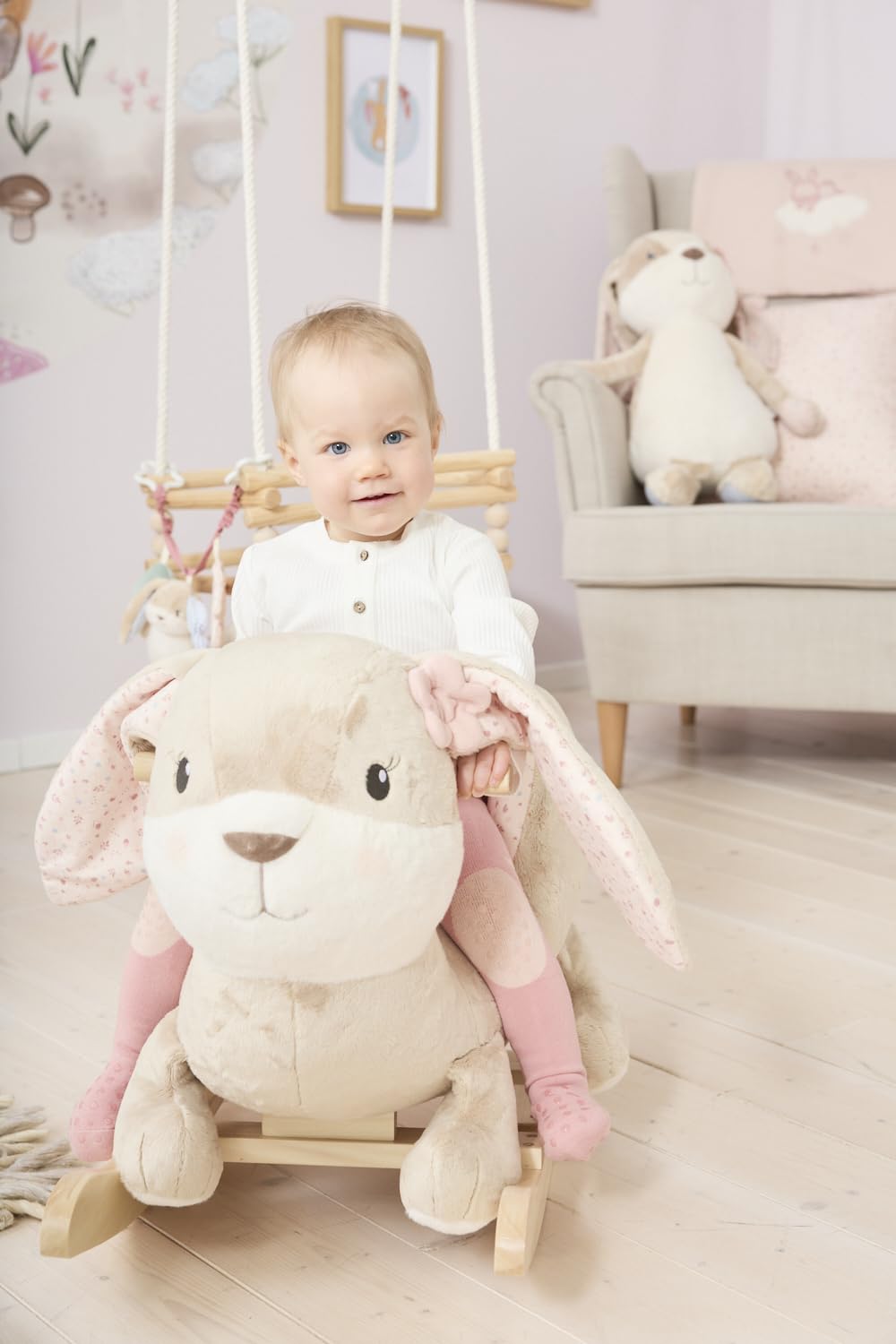 Sterntaler Schaukeltier Hase Hanni - Schaukelpferd aus Flausch & Holz - weiche Sitzfläche - Spielzeug Wippe für Kleinkind - Mädchen - Indoor Geschenk-Idee, Hellbraun