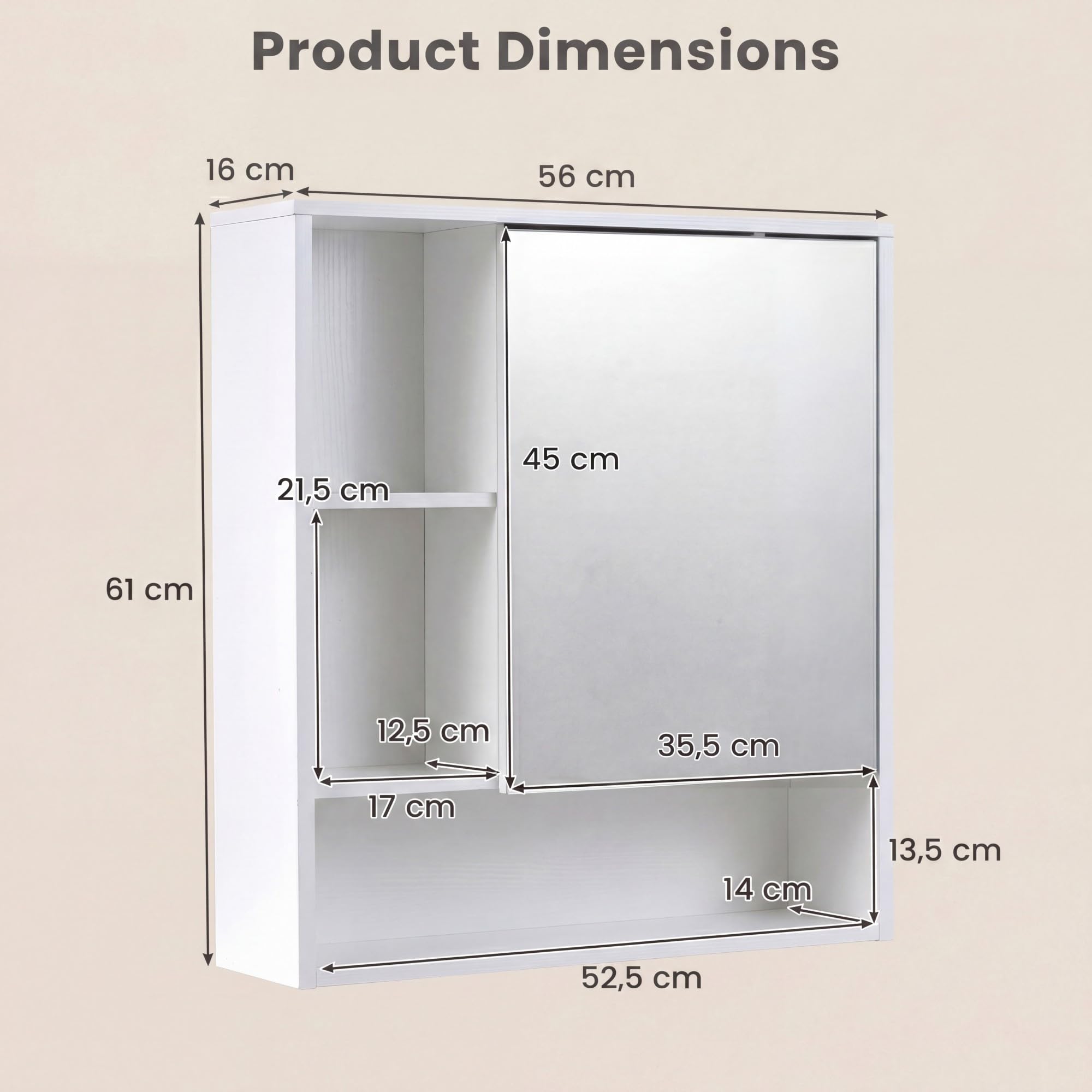 GIANTEX Armadio a Specchio da Bagno, Mobile Specchiera Bagno a Parete con Porta Singola e 3 Ripiani Aperti, Armadietto Pensile in Legno per per Lavanderia e Ingresso, 56 x 16 x 61 cm (Bianco)