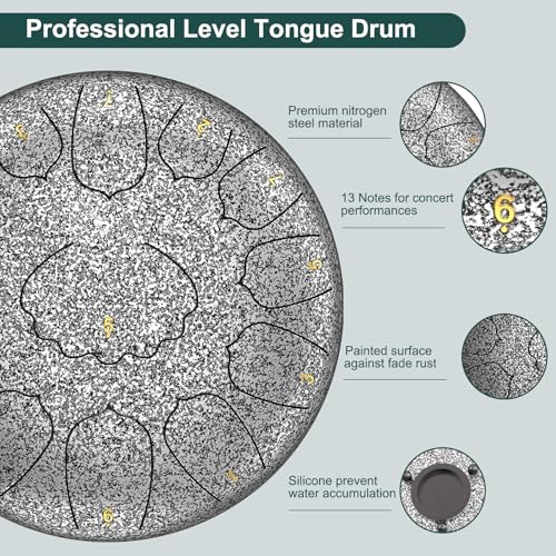 Image of D Major Steel Tongue Drum Handpan, 12 Inch 13 Note Rain Drum for Outside Garden, Meditation Rain Chime, Musical Percussion Instrument for Adult Gift with Bag, Music Book, Drum Mallets (Star Sliver)