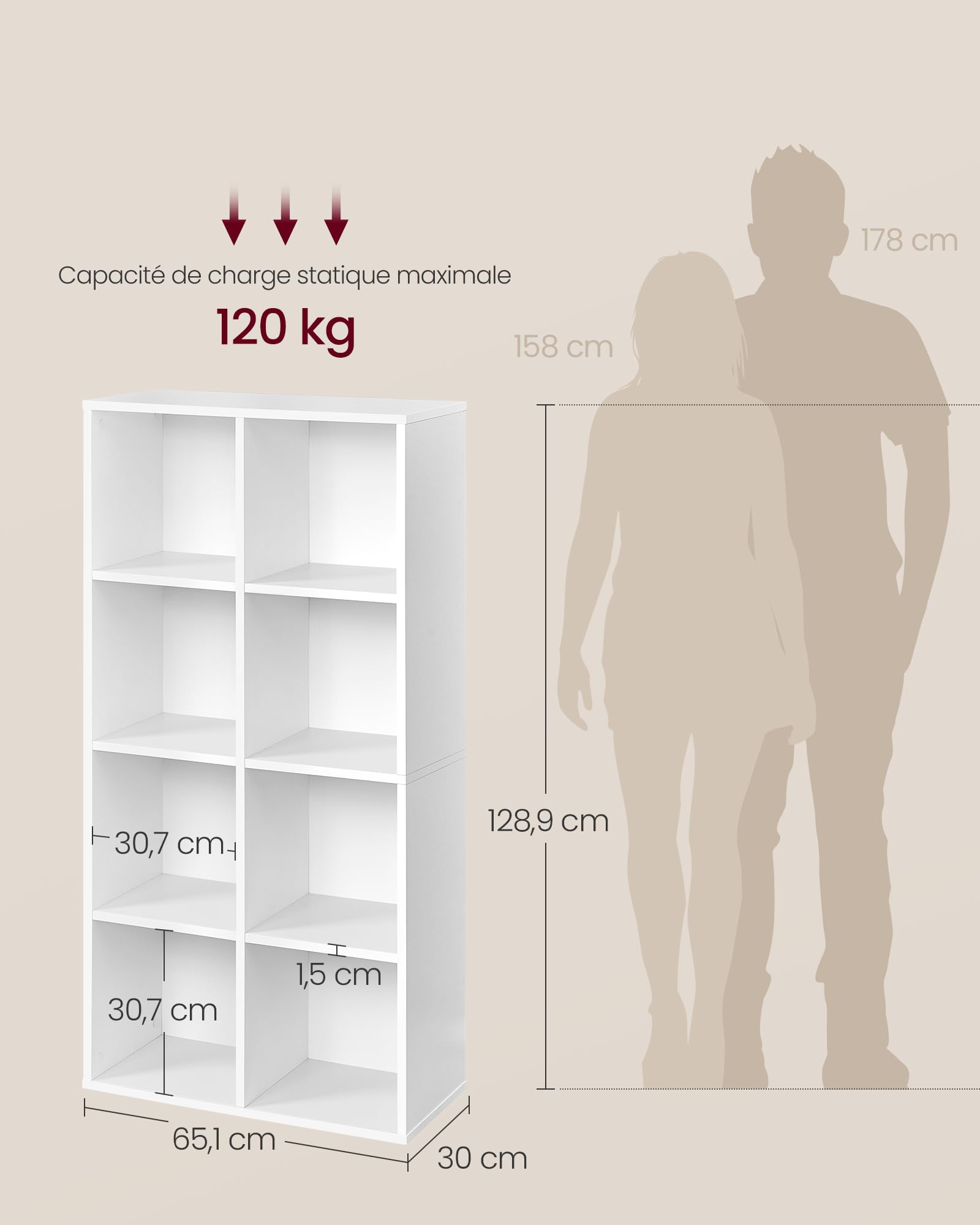 VASAGLE CUSTOS Collection - Bibliothèque en Bois, Étagère de Rangement, Meuble de Rangement Cube, 65,8 x 30 x 130 cm, 1 Pièce, pour Salon Bureau, Blanc CUSTOS LBC024WTV2