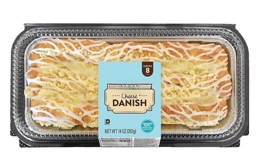Cheese Danish is a classic pastry that's sure to please! The rich, flaky danish dough is topped with a Neufchatel cheese blend and a light drizzle of sweet icing. Slice this breakfast tray into multiple servings for sharing with family and friends. [ 14 oz , 0.8 lb ]