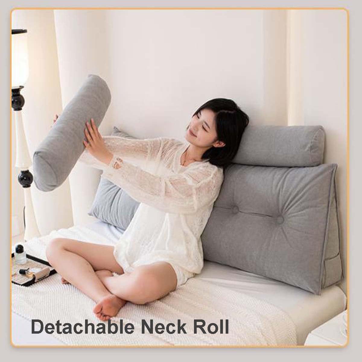 Almohada de cabecera con reposacabezas, cojín grande de cuña para leer, jugar, descansar y trabajar, respaldo suave para cama, sofá cama (100 cm, 1 rollo de cuello, gris)