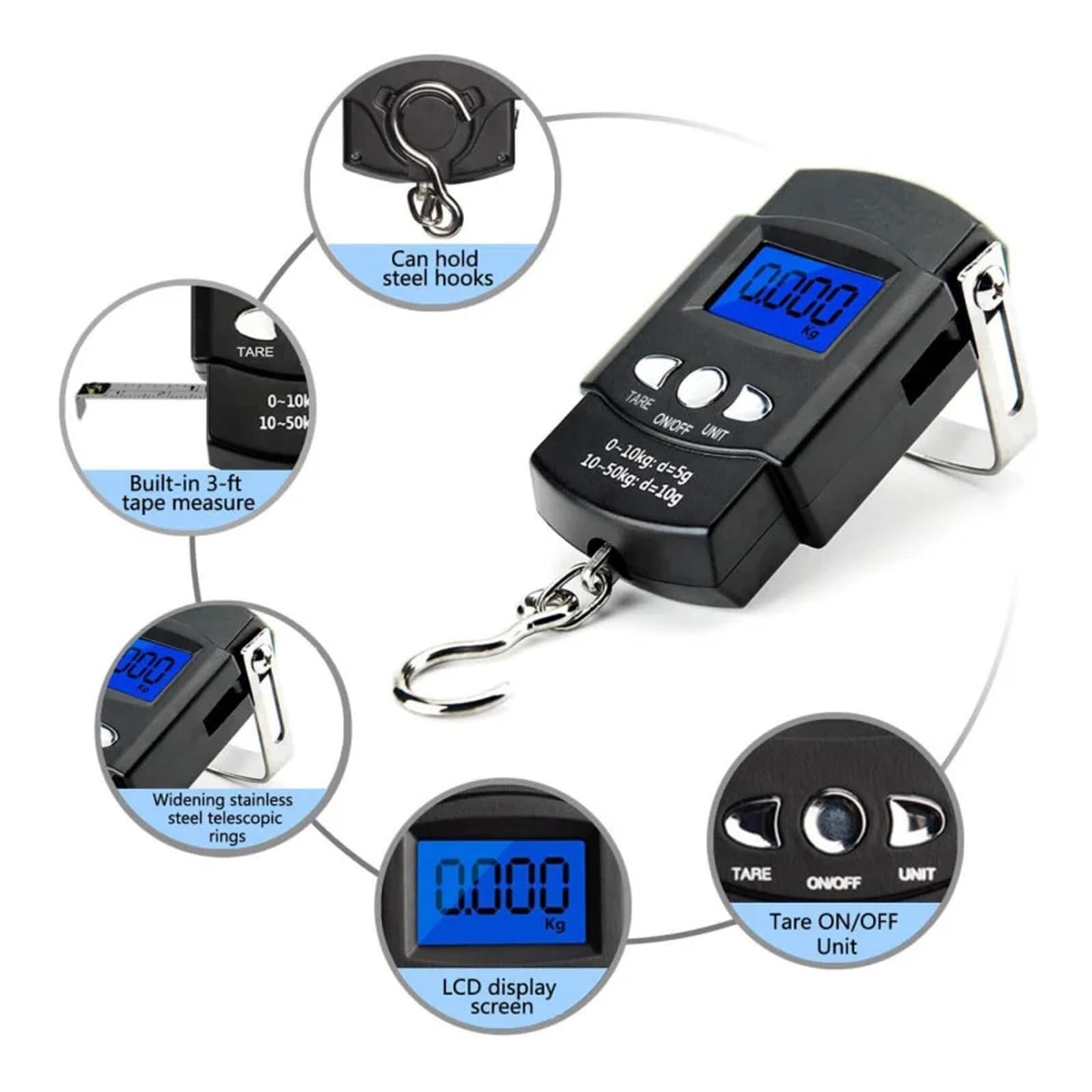 Bilancia sospesa digitale con custodia in alluminio pressofuso, peso mini gru portatile da 50/200/300 kg con gancio per l'edilizia, la fabbrica(50kg)