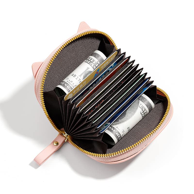 Credit Card Holder Wallet, Cute Cat Small Accordion PU Leather Card Wallet, Zipper Coin Purse with 11 Card Slots for Girls and Women Pink4