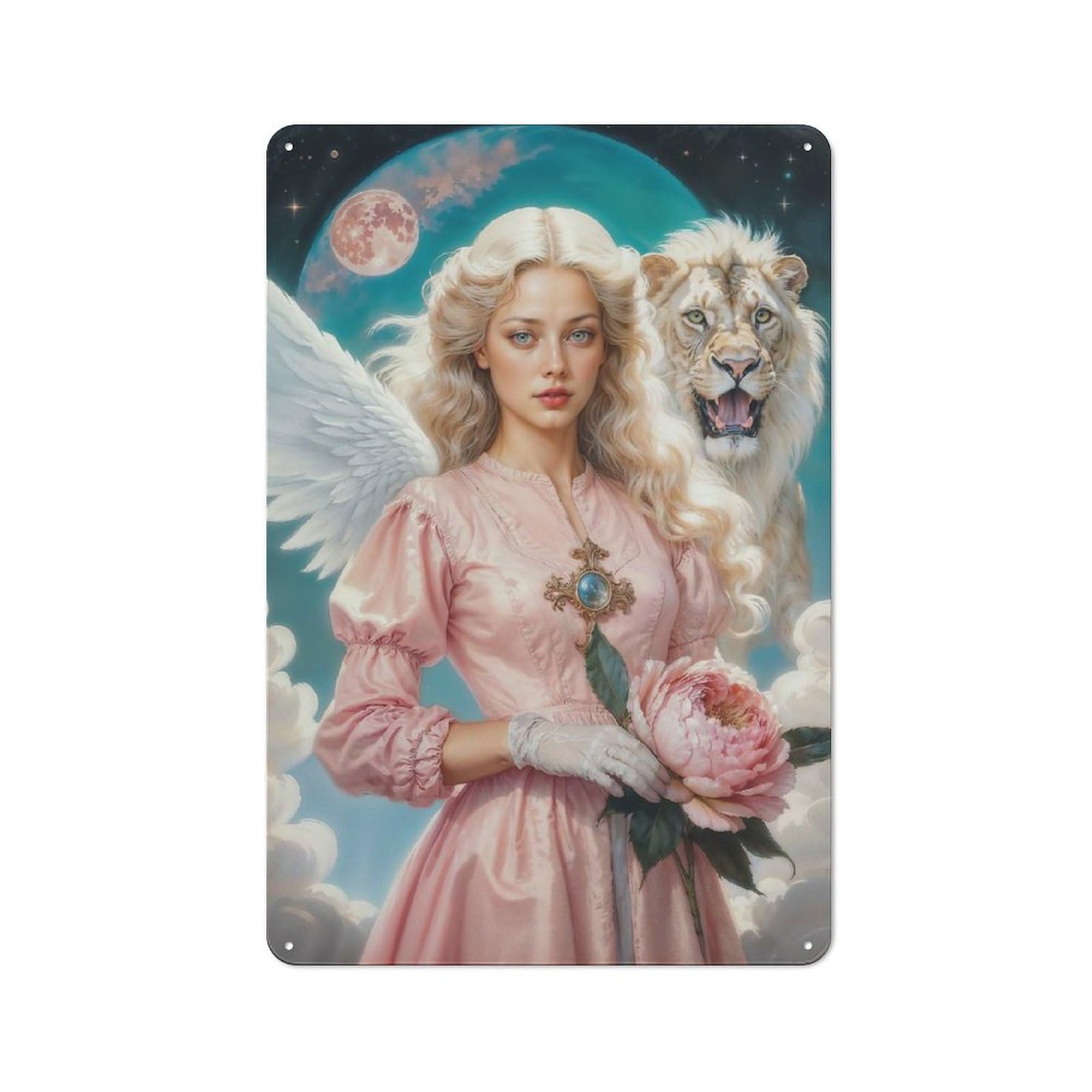Junmoney Archangel Ariel With Lion And Peony Classic Metal Wall Plaque 30X20cm Featuring Creative Space Decor For Workspace, Cafe, Shop Or Desk Area