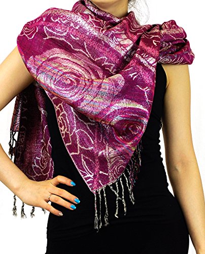 NYFASHION101 Metallic Thread Rose & Multicolor Stripes Pashmina Scarf Shawl Wrap2