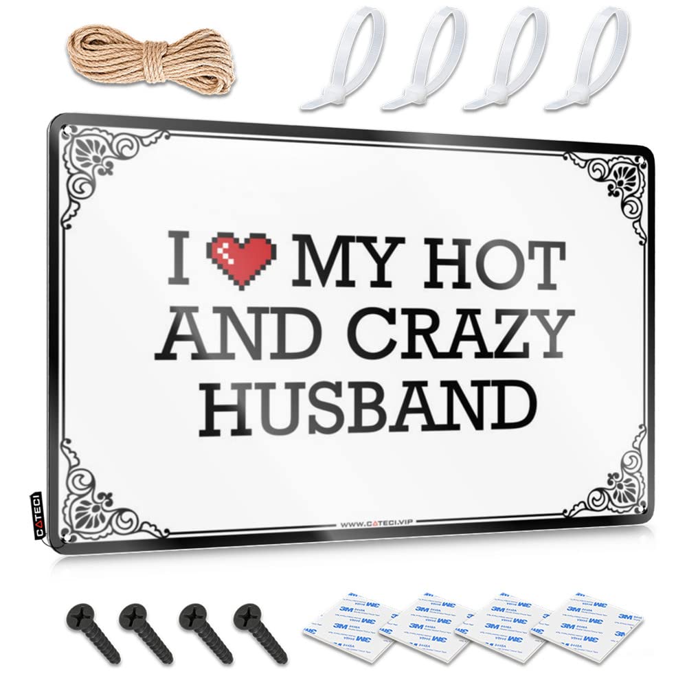 Fzfn Colour Mimosa Chic Matal Sign - I Love My Hot And Crazy Husband Rustic Wall Art Ideas Easy Hang For Bars(30X40cm)